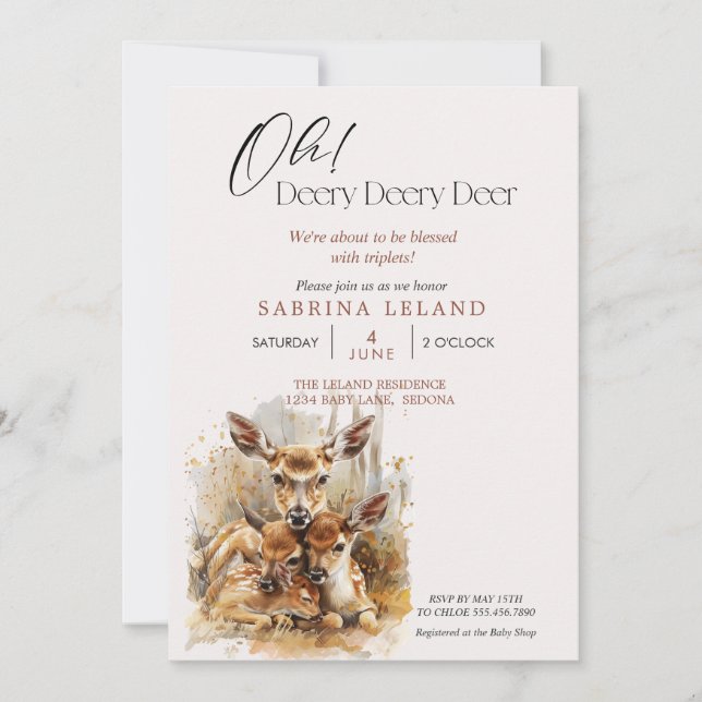 Invitation Oh Deery Deery Deer Triplés Baby Shower (Devant)