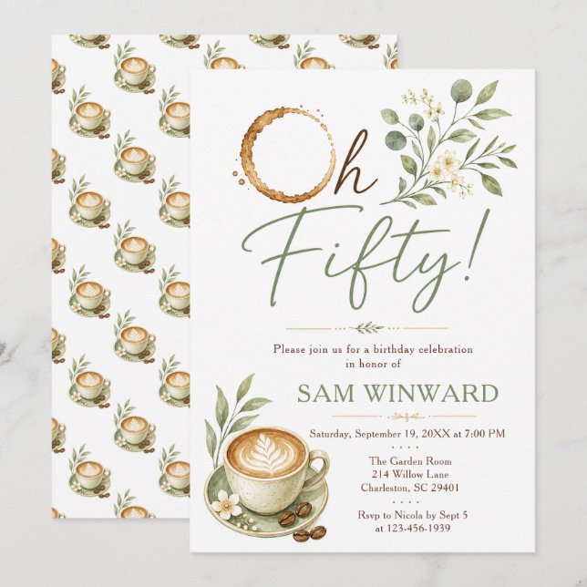 Invitation Oh Fifty Green Botanical Café Anniversaire (Devant / Derrière)