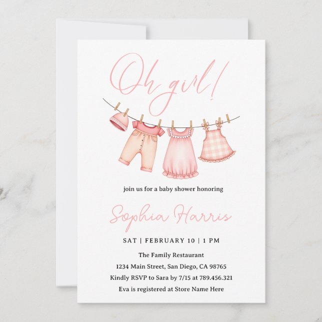 Invitation Oh fille Baby shower rose (Devant)