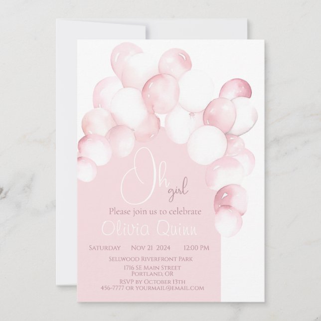 Invitation Oh fille ballons roses arche baby shower (Devant)