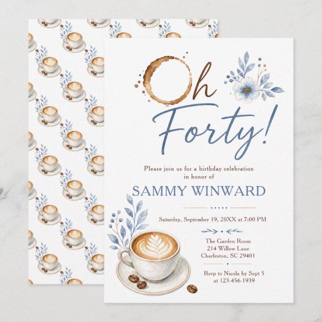 Invitation Oh Forty Anniversaire Café Fleur Bleue (Devant / Derrière)