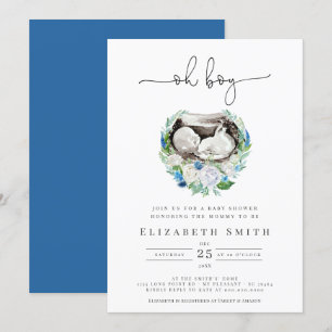 Invitation Oh Garçon Aquarelle Bleu Floral Wreath Baby shower