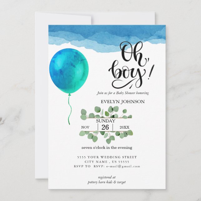 Invitation Oh garçon Aquarelle bleu nuages Baby shower (Devant)