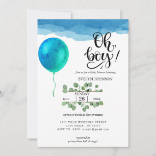 Invitation Oh garçon Aquarelle bleu nuages Baby shower