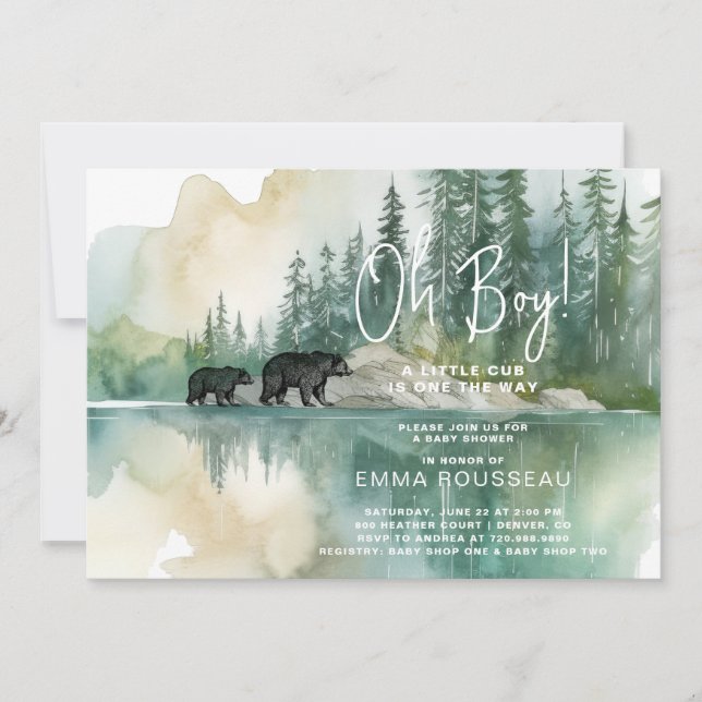 Invitation Oh Garçon Aquarelle Maman Et Baby shower Ours Cub (Devant)