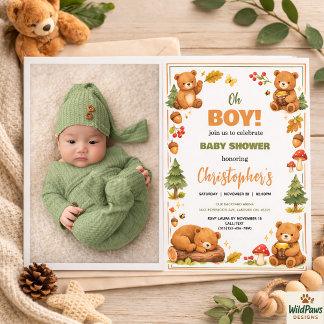 Invitation Oh Garçon Aquarelle Ours de la Forêt Baby Shower