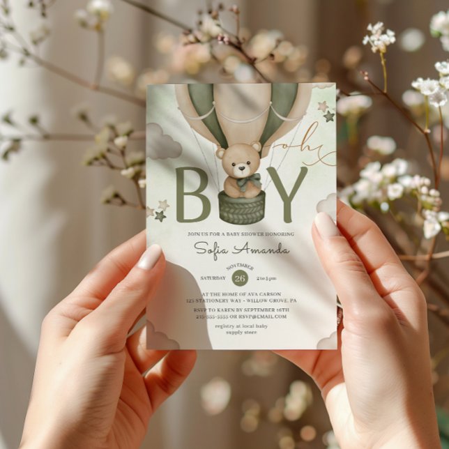 Invitation Oh Garçon Aquarelle Teddy Ours Baby shower vert (Créateur téléchargé)