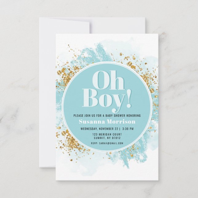 Invitation Oh garçon Baby shower aquarelle Parties scintillan (Devant)