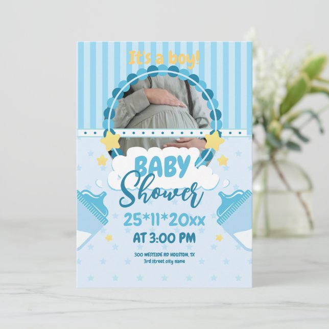Invitation Oh Garçon Baby shower Bleu Avec Photo, Baby Boy (Debout devant)