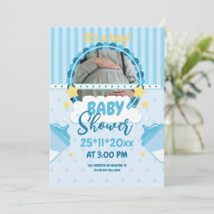 Invitation Oh Garçon Baby shower Bleu Avec Photo, Baby Boy