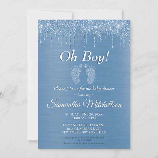 Invitation Oh garçon Baby shower bleu Parties scintillant gou (Devant)