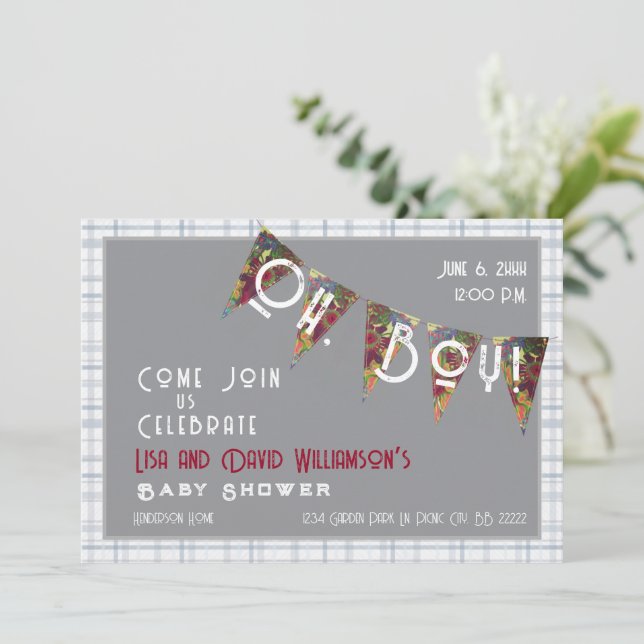 Invitation Oh, Garçon Baby Shower Bunting à carreaux bleus In (Debout devant)