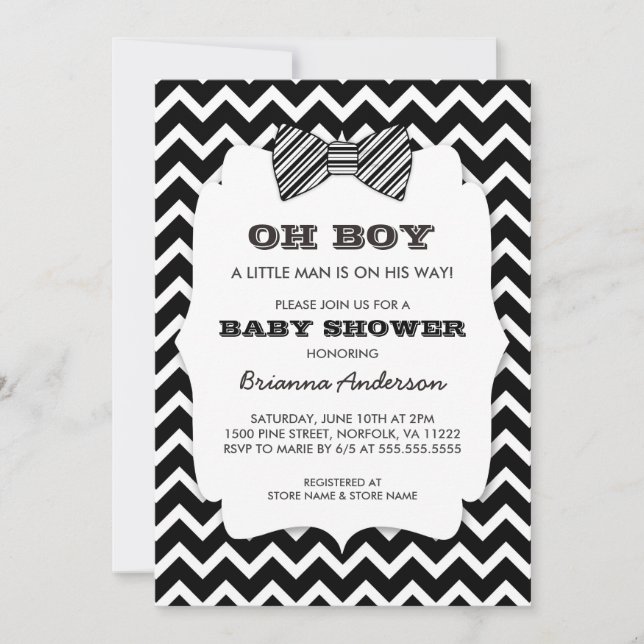 Invitation OH GARÇON baby shower de cravate Bow / chevron noi (Devant)