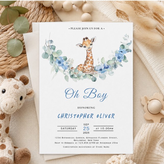 Invitation Oh Garçon ! Baby Shower Girafeau (Oh Boy! Baby Giraffe Baby Shower Invitation)