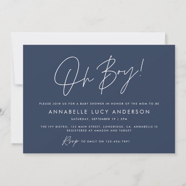Invitation oh garçon Baby shower script marine moderne bleu b (Devant)