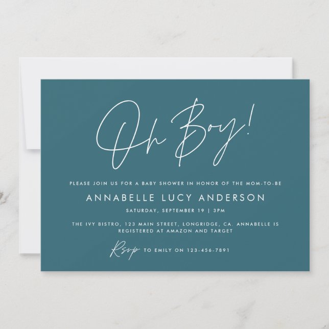 Invitation oh garçon Baby shower script moderne bleu boho (Devant)