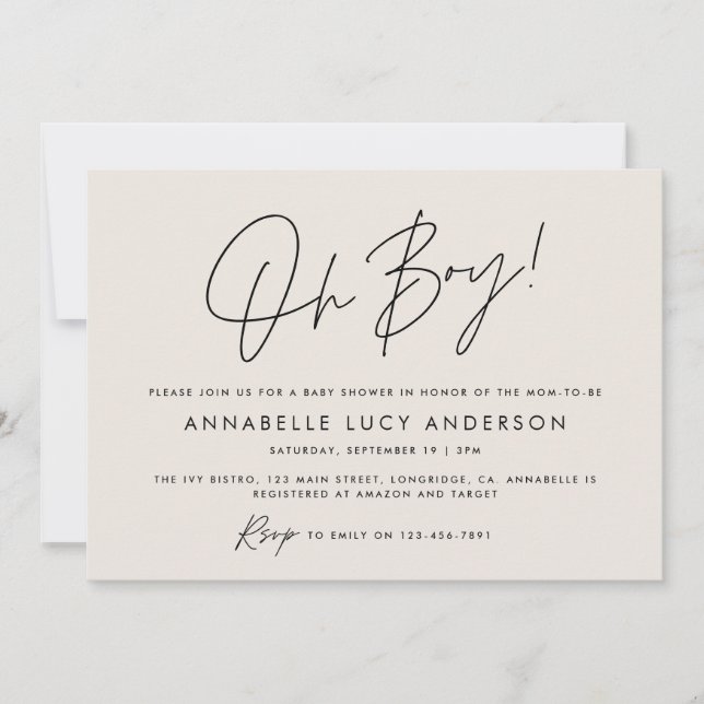 Invitation oh garçon Baby shower script moderne crème boho (Devant)