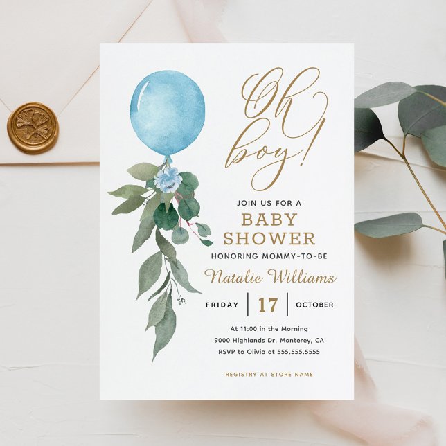 Invitation Oh Garçon Ballon Bleu Verdure Baby Shower (Créateur téléchargé)