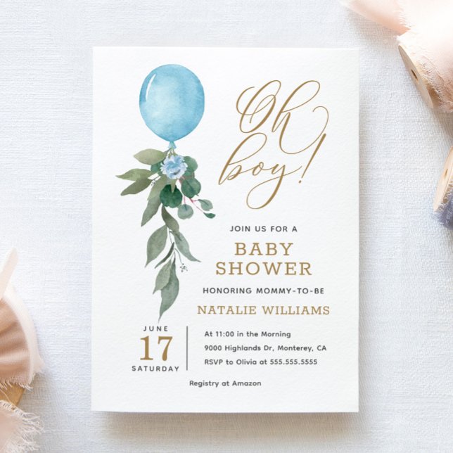 Invitation Oh Garçon Ballon Bleu Verdure Baby Shower (Créateur téléchargé)