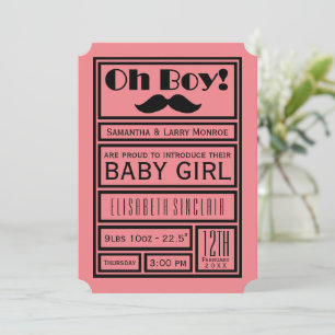 Invitation Oh garçon Black Mustache Nouveau bébé fille Faire-