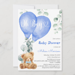 Invitation Oh Garçon Bleu Ballons mignon ours Bébé Garçon Dou