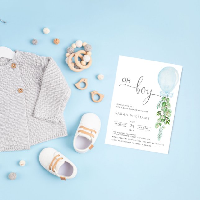 Invitation Oh Garçon Bleu Balloon Eucalyptus Baby shower Invi (Créateur téléchargé)