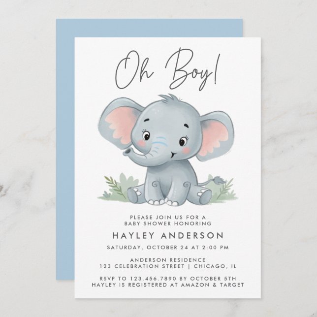 Invitation Oh garçon bleu bébé Baby shower éléphant (Devant / Derrière)