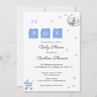 Invitation Oh garçon bleu couleur aquarelle ours poussette et