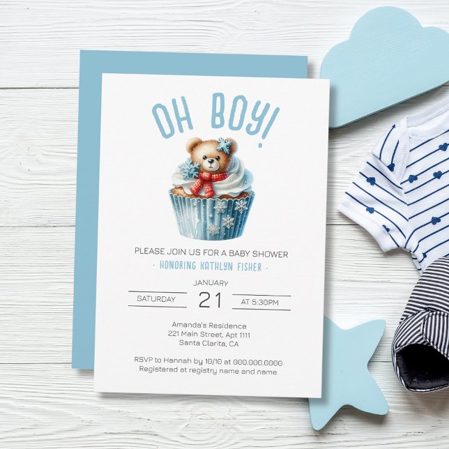 Invitation Oh garçon Bleu ours Baby shower animal (Oh Boy Blue Cupcake Bear Baby Shower Invitation)