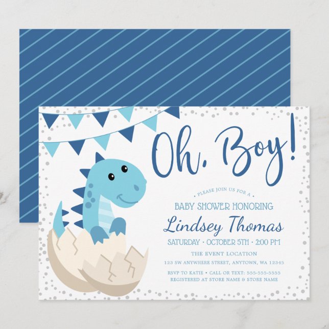 Invitation Oh Garçon Dinosaure Bleu Marine Baby Shower (Devant / Derrière)