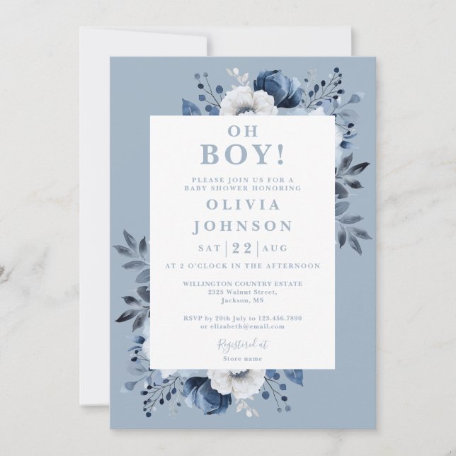 Invitation Oh garçon Dusty bleu élégant Baby shower floral (Devant)