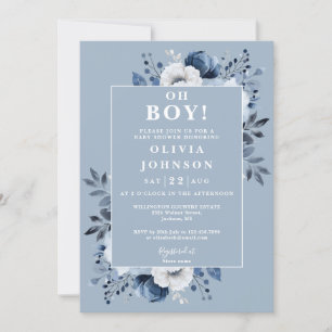 Invitation Oh Garçon Dusty Floral Bleu Tout En Un Baby shower