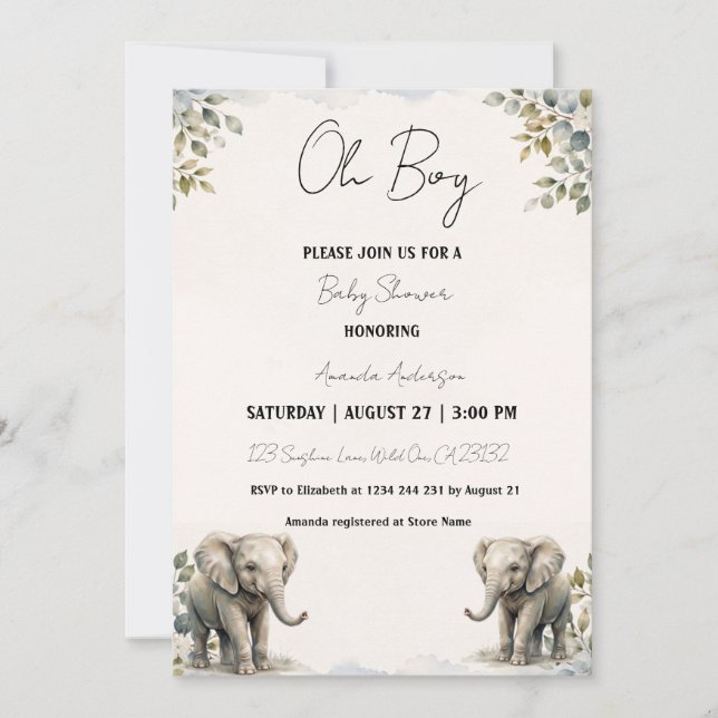 Invitation Oh Garçon Éléphant Bébé Aquarelle Baby Shower  (Devant)
