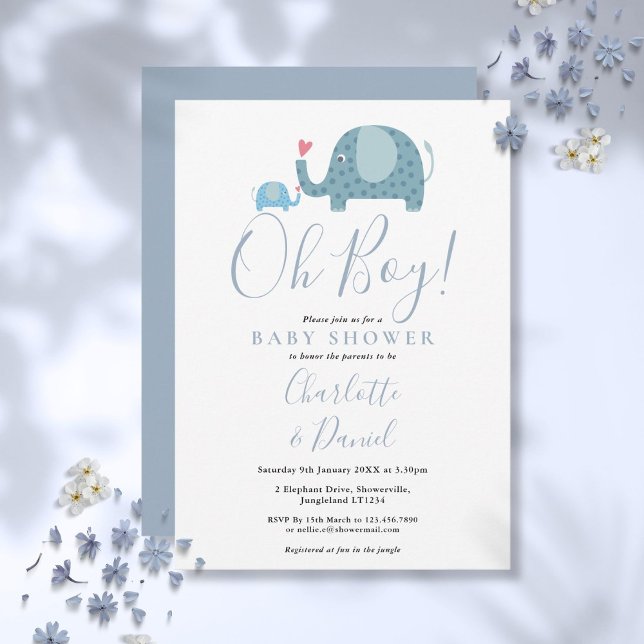 Invitation Oh Garçon Éléphants Mignons Baby Shower (Oh Boy Cute Elephants Baby Shower Invitation)