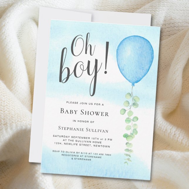 Invitation Oh garçon Eucalyptus Baby shower bleu ballon (Créateur téléchargé)