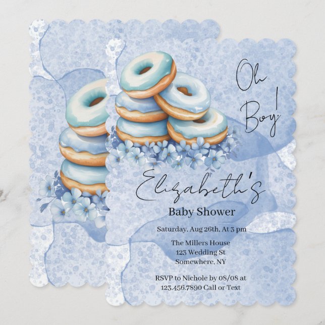 Invitation Oh Garçon Fête de Naissance Donuts Bleus  (Devant / Derrière)