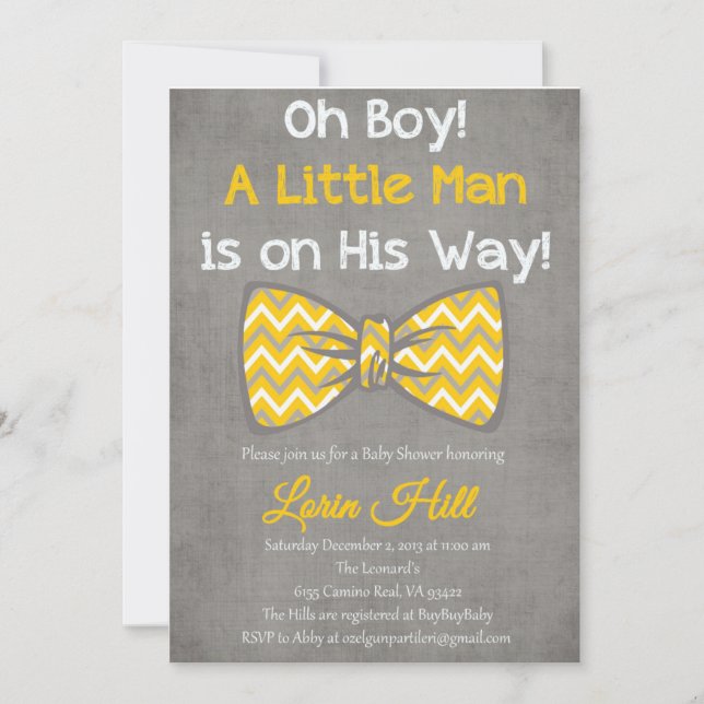 Invitation Oh garçon jaune gris arc cravate baby shower invit (Devant)