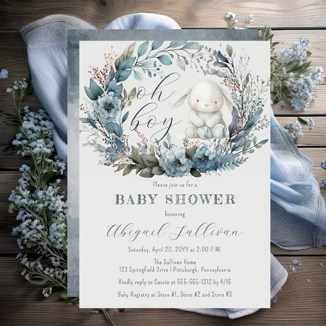 Invitation Oh garçon lapin lapin bleu Floral Baby shower de c ("Oh Boy" Bunny Rabbit and Blue Floral Wreath Boy Baby Shower Invitation - Print | Digital)