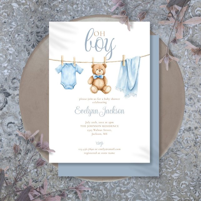 Invitation Oh Garçon Mignon Linge Bébé à la Maison (Oh Boy Cute Blue Clothesline Baby Shower Invitation)