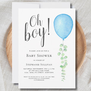 Invitation Oh garçon moderne Eucalyptus Baby shower bleu ball