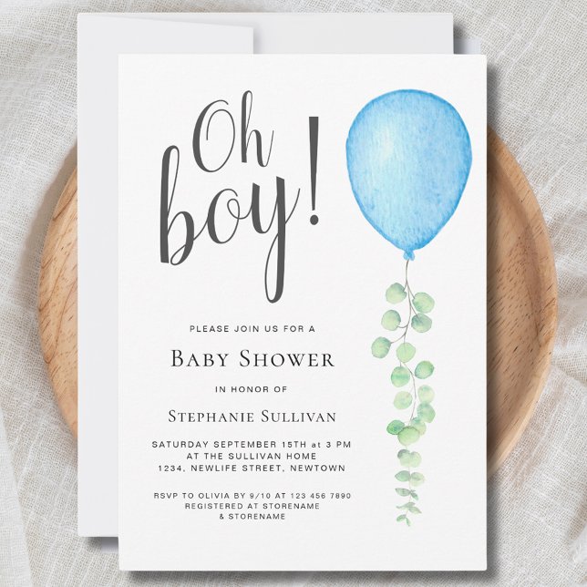 Invitation Oh garçon moderne Eucalyptus Baby shower bleu ball (Créateur téléchargé)