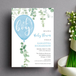 Invitation Oh garçon moderne eucalyptus bleu baby shower ball