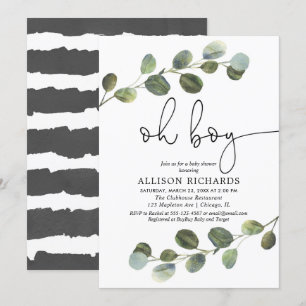 Invitation Oh garçon moderne eucalyptus noir blanc baby showe