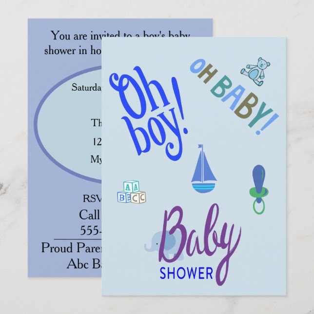 Invitation Oh Garçon ! Oh Bébé ! Baby Shower (Devant / Derrière)