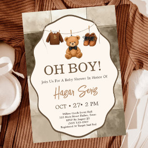 Invitation Oh Garçon Ours en Peluche Beige Gingham Baby Showe