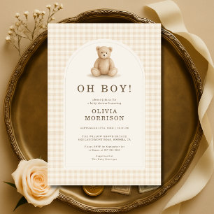 Invitation Oh Garçon Ours en Velours Gingham Beige Baby Showe