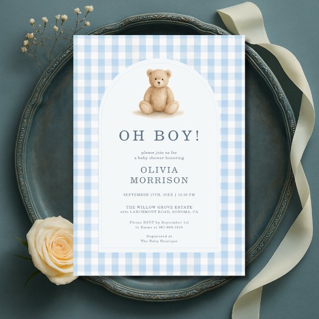 Invitation Oh Garçon Ours Gingham Bleu Baby Shower (Créateur téléchargé)