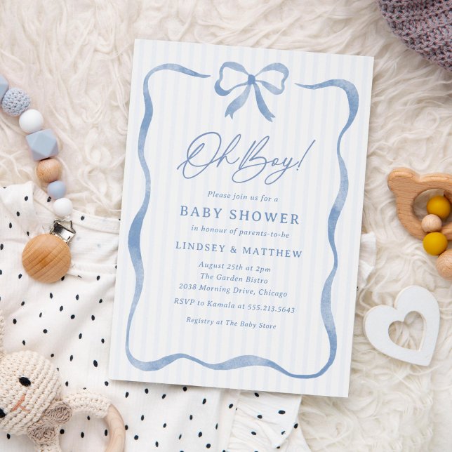 Invitation Oh Garçon Ruban Ondulé Arc-en-ciel Baby Shower (sweet baby shower invitation for boys featuring a wavy, curvy frame and bow)