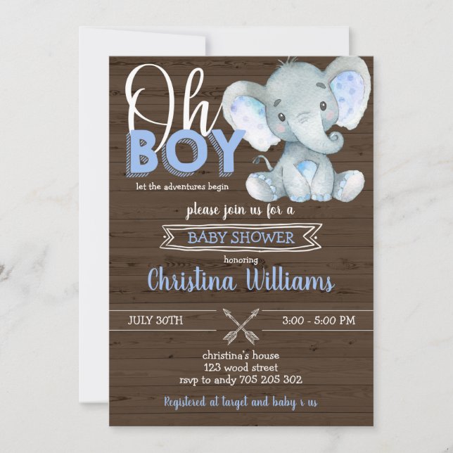 Invitation Oh Garçon Rustique Elephant Baby Boy Baby shower e (Devant)