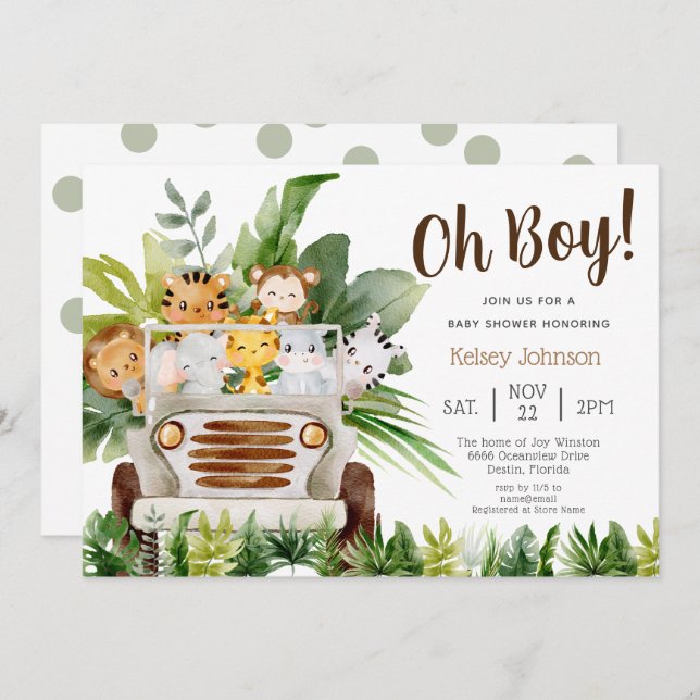 Invitation Oh Garçon Safari Jungle Zoo Animaux Baby shower Ga (Devant / Derrière)